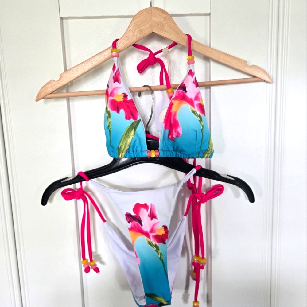 Floral Cheeky Bikini Set with Pink and Blue Accents